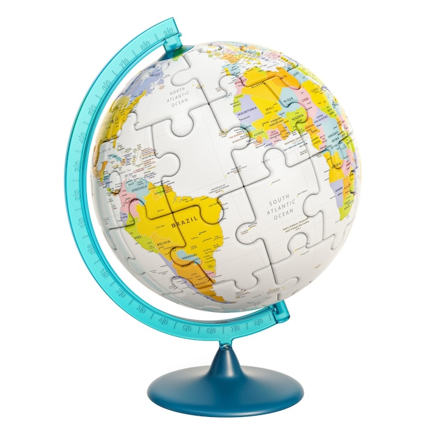 Photo geographical globe of planet earth from puzzle 3d rendering