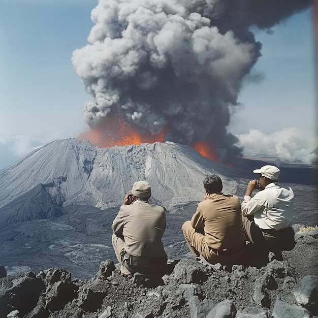 Photo geological scientists monitoring and studying a volcanic eruption from a safe distance