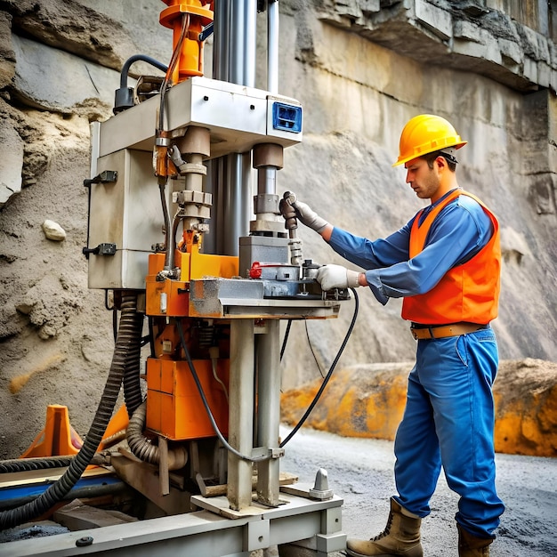 Photo a geological technician operates a heavy duty drilling machine in a quarry showcasing the power and precision of modern mining technology