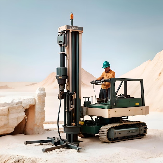 Photo a geological technician operates a specialized drilling rig in a desert landscape