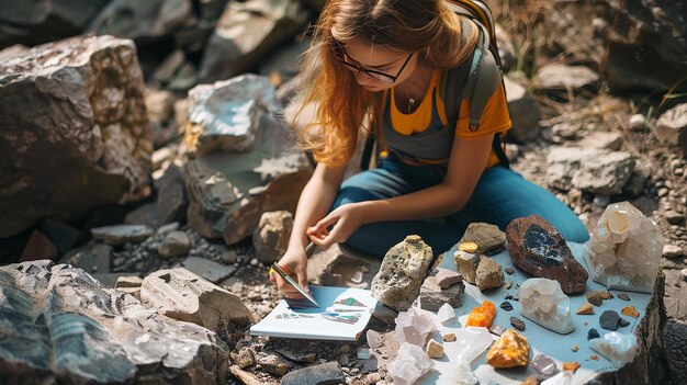 Photo geologist studying rocks with geological specimens