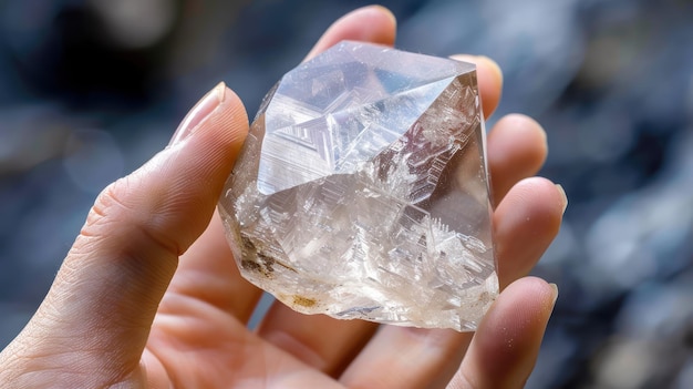 Geologists hand holding a raw uncut diamond crystal illustrating its natural form