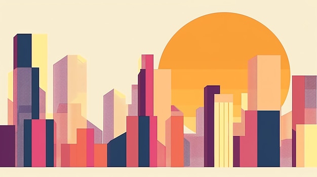 Geometric abstract cityscape with a large yellow sun in the background