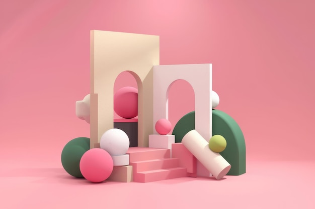 Geometric Abstraction with Arched Doorway and Colorful Spheres on Pink Background