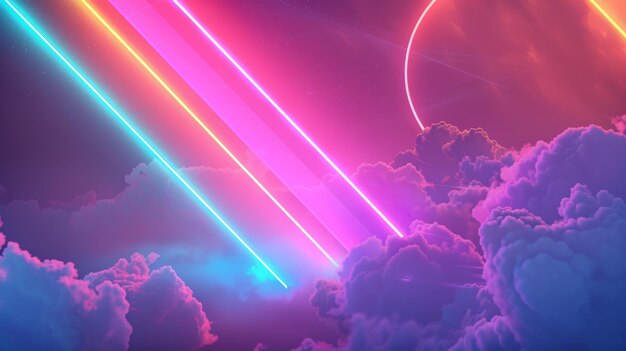 Geometric art style rainbow and clouds sharp lines neon glow inspired by 1980s retro futurism