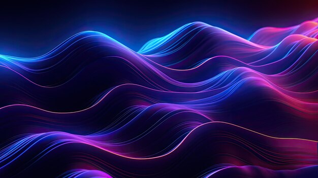 Geometric background with neon cascades and waves of visual movement top view