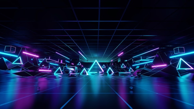 Geometric background with polygonal structure podium show products colored neon lights retro sci fi