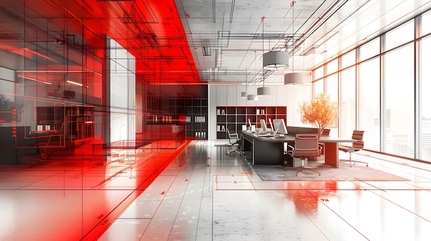 Geometric black and red sketch of an abstract office layout