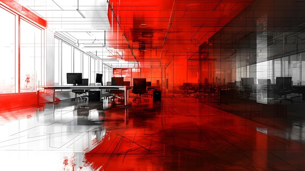 Geometric black and red sketch of an abstract office layout