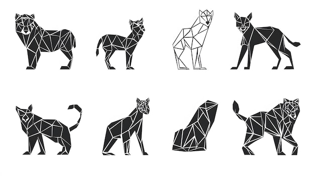 Geometric black and white feline silhouettes in different poses