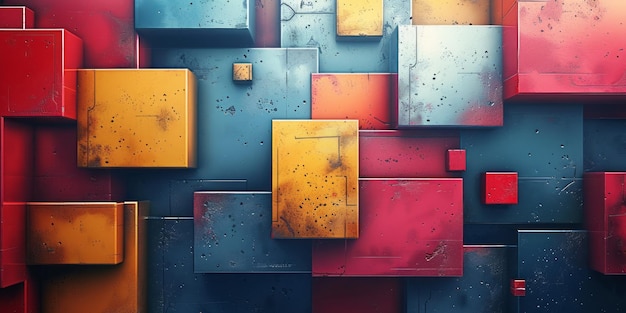 Geometric blocks in red yellow and blue colors in an abstract painting