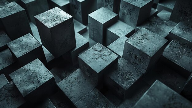 Geometric blocks with rough concrete textures scattered randomly on a dark background illuminated by harsh spotlights industrial and edgy 3D render