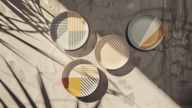 Photo geometric ceramic plates in diverse patterns and pastel colors hang on a subtly textured wall under dappled sunlight and shadows