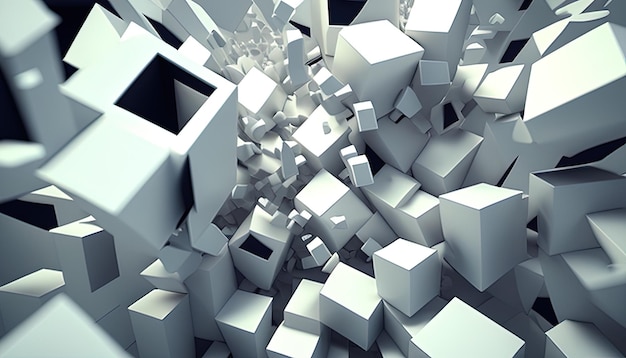 Geometric chaos in shifting white cubes evoking abstract and futuristic chaos