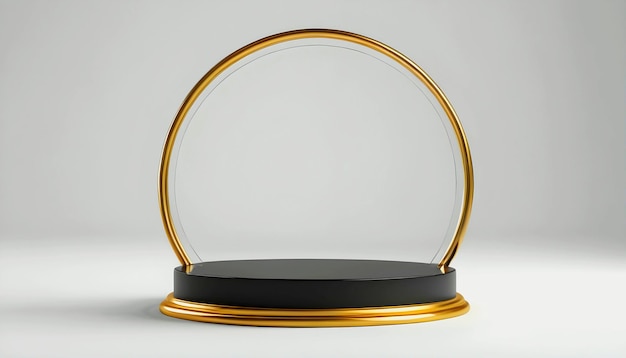 Geometric circle Podium mockup for product display black round 3d shiny golden pedestal glass stand