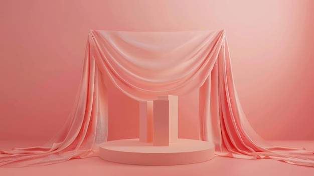 Geometric empty podium with textile fabric drape on pink background display for product cosmetic and perfume presentation