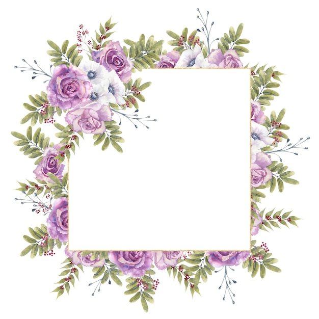 Geometric floral frame with purple roses and anemones in a glass vase on a white isolated background