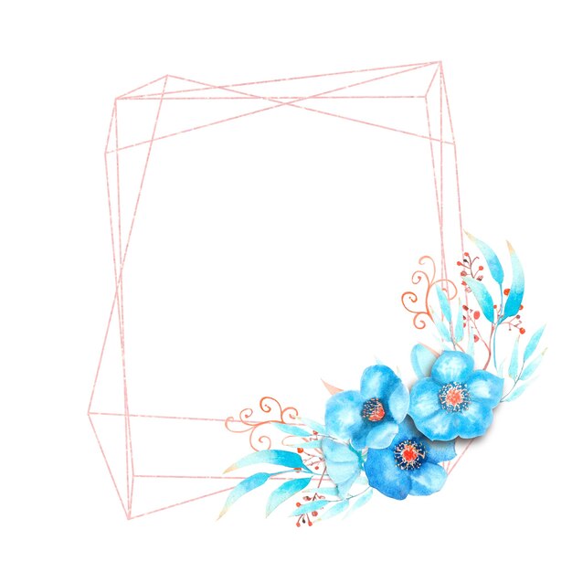 Geometric frame with blue hellebore flowers, buds, leaves, decorative twigs on a white isolated background . Bouquet at the bottom of the frame. Watercolor illustration.