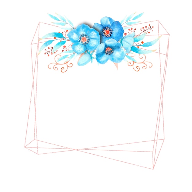 Geometric frame with blue hellebore flowers, buds, leaves, decorative twigs on a white isolated background . Bouquet at the top. Watercolor illustration.