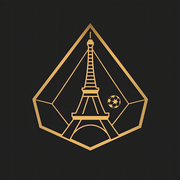 Photo geometric gold eiffel tower with hexagonal shield and soccer ball on black background