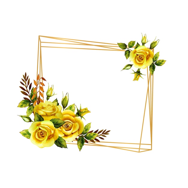 Geometric gold frame with a bouquet of watercolor yellow roses