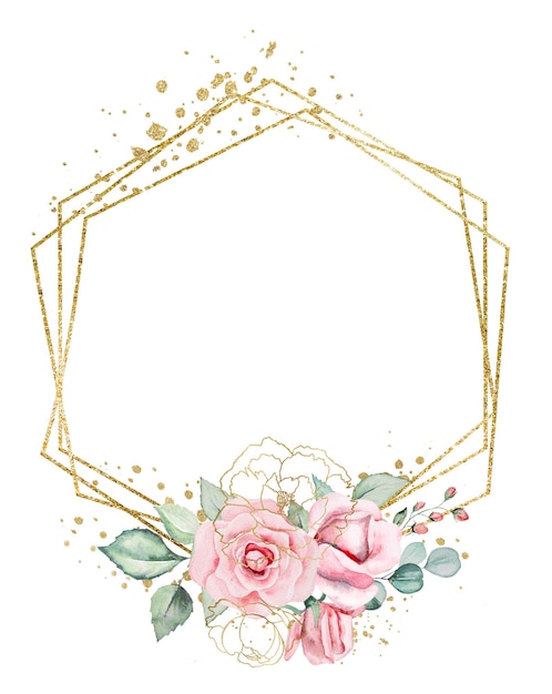 Geometric golden Frame frame made of pink watercolor flowers and green leaves wedding design