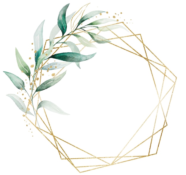 Geometric golden frame made of green watercolor leaves wedding illustration