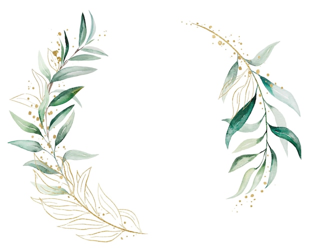 Geometric golden wreath made of green watercolor eucalyptus leaves wedding illustration