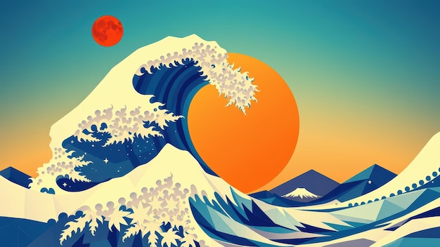 Geometric Great Wave of Kanagawa Sunset Illustration