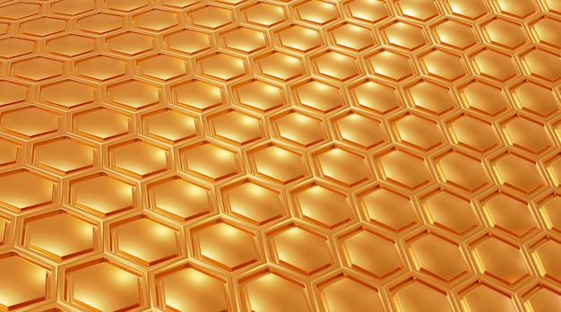 Geometric hexagons gold metal color luxury abstract background Golden honeycomb texture 3d render