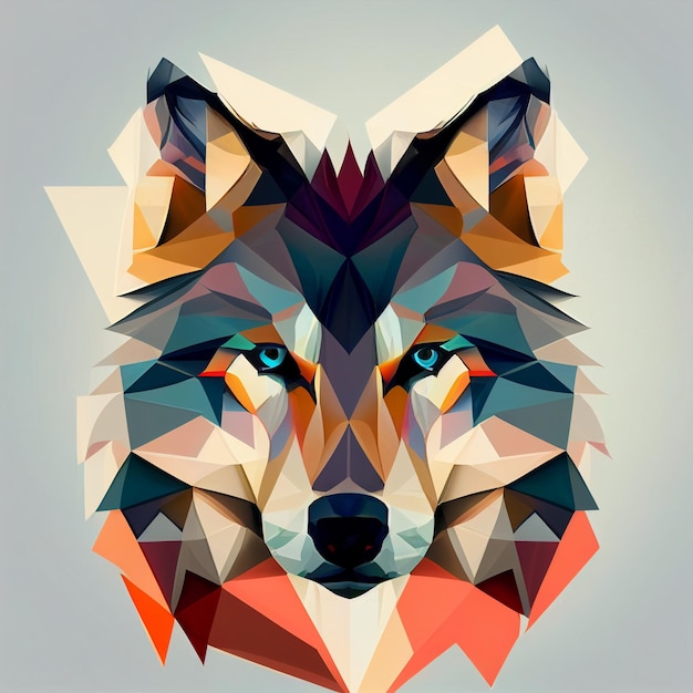 A geometric illustration of a wolf's face with a blue eye.