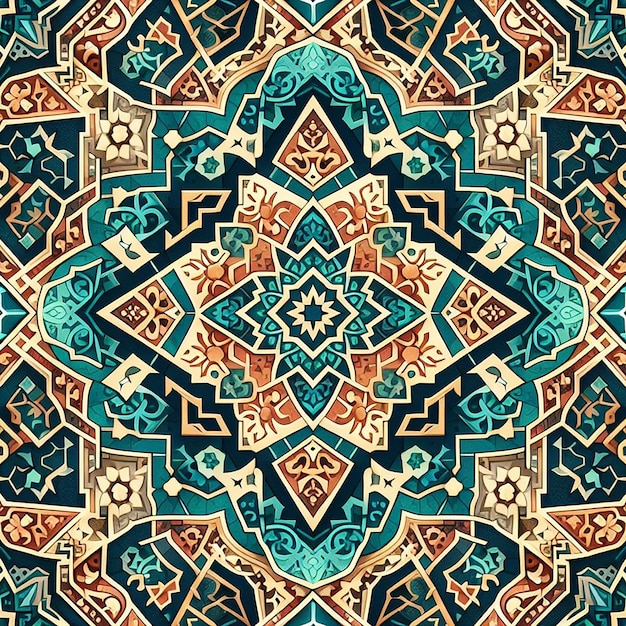 Geometric Islamic Tile Patterns in Traditional Teal Terracotta and Gold