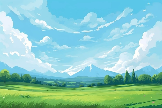 Geometric Mountain Landscape with Clouds and a Green Field AI Generative