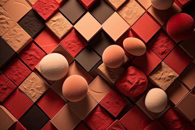 Geometric pattern of makeup sponges on a beige background Red and beige sponges generative IA