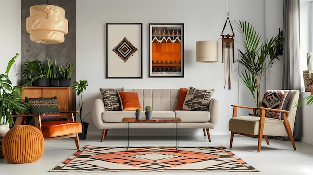 geometric patterned wall art in a living room