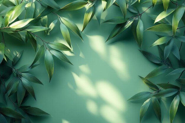 Photo geometric patterns of bamboo leaves arranged on a light pastel green surface