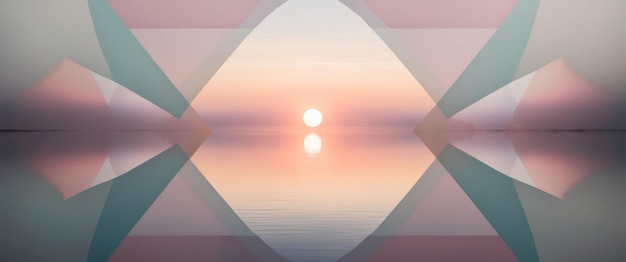 Photo geometric patterns and pastel hues entwine in a tranquil lakeside sunrise