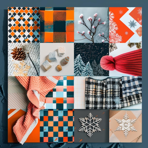 Geometric Patterns and Winter Elements Collage Featuring Plaid Designs Snowflakes Knit Textiles and Seasonal Decorations