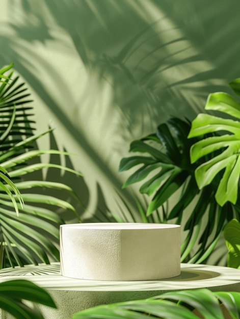 Geometric platform podium with blur background in greengreen leaves and palms