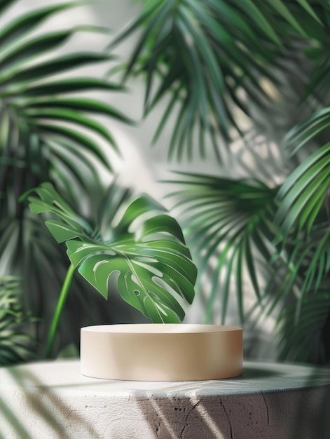 Geometric platform podium with blur background in white green leaves and palm