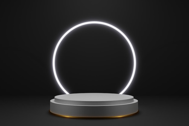 Geometric podium on a dark background with glowing rings 3d rendering