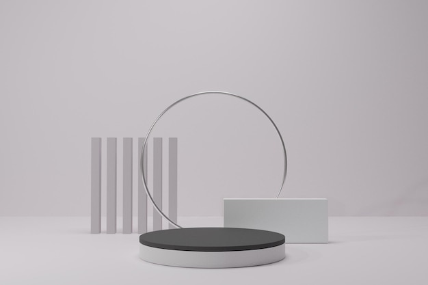 Geometric podium on a white background with silver rings 3d rendering