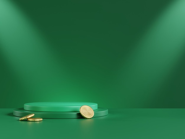 Geometric podium with coins for product display on green background 3d rendering