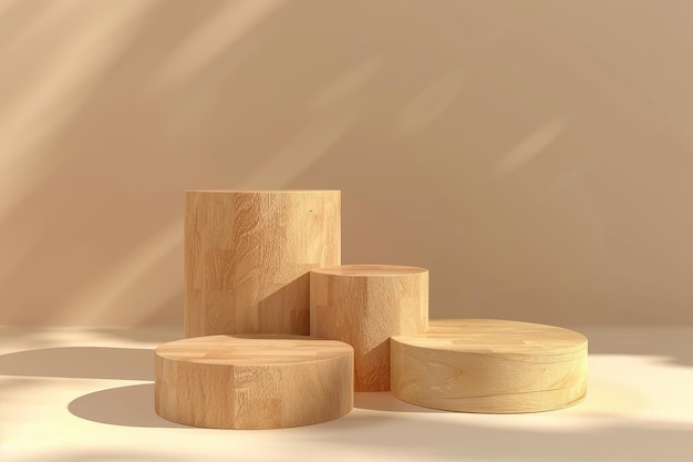 Geometric podium with wooden cylinder on beige background