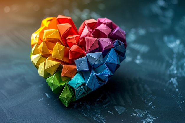 Geometric rainbow heart on a dark background representing love and diversity in a modern style