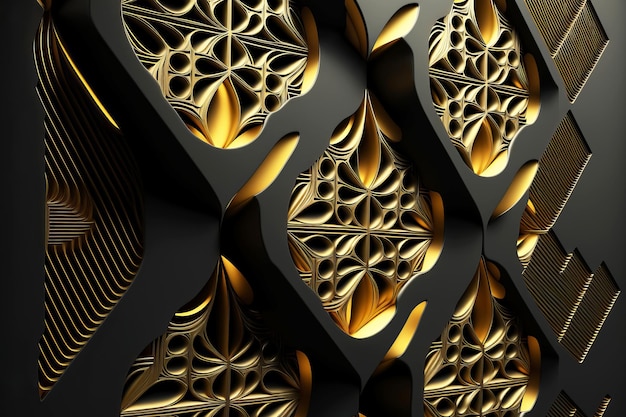 Geometric rhombic pattern of gold and black structural elements Generative AI illustration