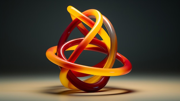 a geometric sculpture featuring intertwined red and yellow glossy loops