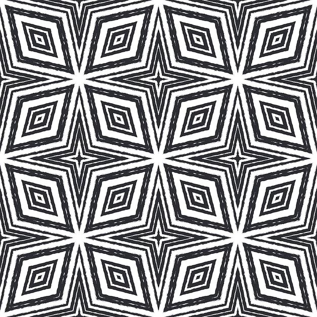 Geometric seamless pattern. Black symmetrical kaleidoscope background. Textile ready appealing print, swimwear fabric, wallpaper, wrapping. Hand drawn geometric seamless design.