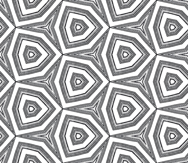 Geometric seamless pattern. Black symmetrical kaleidoscope background. Textile ready dramatic print, swimwear fabric, wallpaper, wrapping. Hand drawn geometric seamless design.