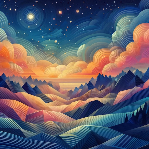 Geometric Serenity Dreamlike Landscapes at Dusk